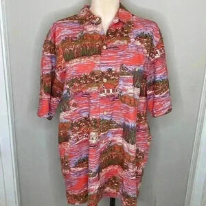 Island Republic L Beaches Huts Boats Palms Red Hawaiian Aloha Shirt Vintage